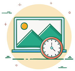 Obraz premium Modern Laptop Illustration Displaying Mountain Landscape Beside Round Analogue Clock for Time Management or Deadline Concept