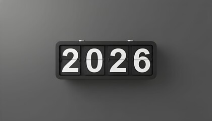 A modern black flip clock showing the year 2026 against a minimalist dark gray background.
