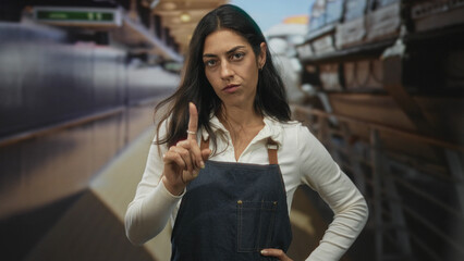 Woman points finger with one hand and stands hands on hips in a station building wearing denim...