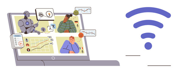 Laptop displaying AI, charts, and virtual team members collaborating in video windows, alongside a wireless signal. Ideal for technology, AI, remote work, online learning, teamwork innovation