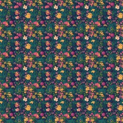 Repeating floral pattern with yellow pink and white flowers on a dark green background creates a vintage aesthetic