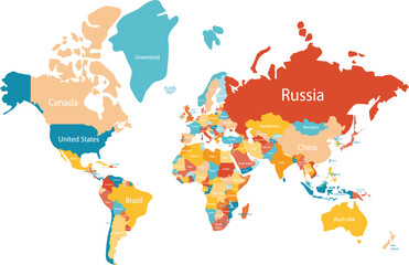 detailed political world map with its country names vector illustration