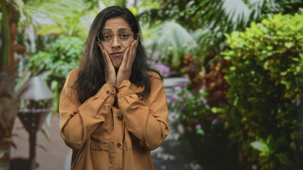 Hispanic woman with glasses holding cheeks with both hands, brown shirt, glancing sideways in forest; uncertainty.