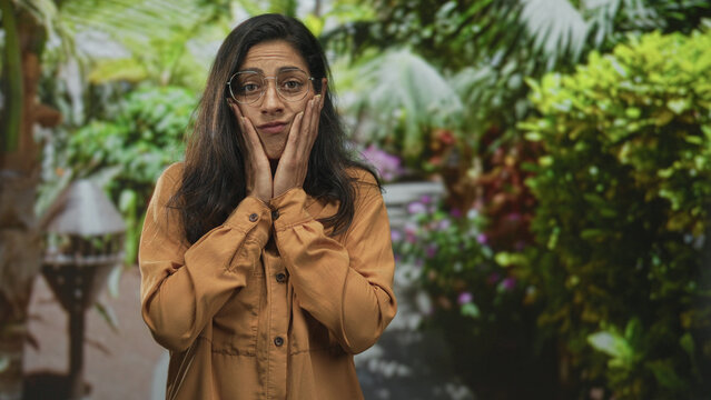 Hispanic woman with glasses holding cheeks with both hands, brown shirt, glancing sideways in forest; uncertainty.