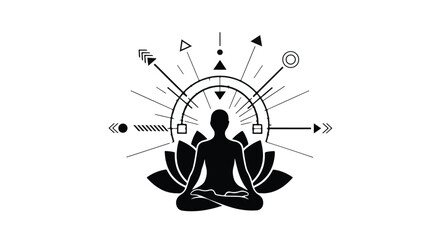 Meditating silhouette embodying inner peace and spiritual enlightenment with geometric symbols radiating outwards.