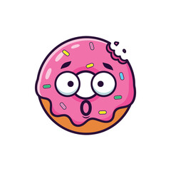 Shocked pink donut with sprinkles and bite missing cartoon character isolated on white background, Vector