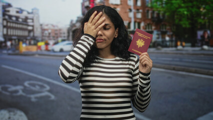 Fototapeta premium Young brunette woman holding passport with hand to face gesture, standing on a city street near traffic and brick buildings; travel frustration.