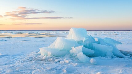 Ice chunks on frozen lake at dawn.  Pastel colors of sunrise paint the sky above a vast expanse of ice