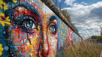 Colorful mural of a woman's face on a brick wall