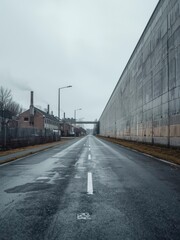 Road stretches along the concrete wall in a misty urban setting with industrial buildings nearby