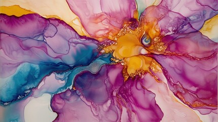 Abstract floral ink painting.  Vibrant hues of purple, gold, teal, and yellow swirl in a dynamic, organic pattern