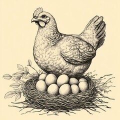 Detailed illustration of a hen sitting on a nest of eggs