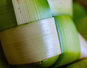 Close up of a woven green palm leaf diamond shape texture pattern with shiny surface and natural lighting