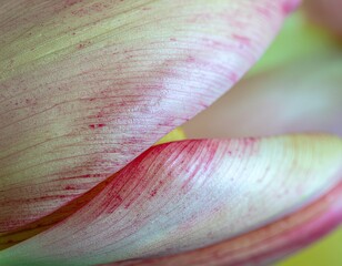 Close-up of a Delicate Pink and Yellow Tulip Petal with Subtle Red Streaks and Dew Drops Sparkling in Soft Light