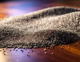 Close Up Of Dark Poppy Seeds Piled On A Polished Wooden Surface With Dramatic Lighting Creating Shadows And Highlights