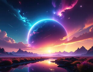 Vibrant Cosmic Landscape With Glowing Planet Sunrise Over Reflective Water And Starry Nebula Sky