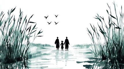 Silhouettes of a family walking through reeds by a tranquil waterway