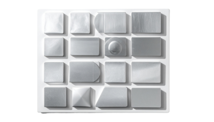 Geometric pattern of light gray metal plates and isolated white square buttons for a 3D web design concept template isolated on white background
