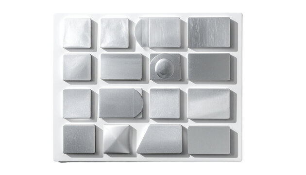 Geometric pattern of light gray metal plates and isolated white square buttons for a 3D web design concept template isolated on white background