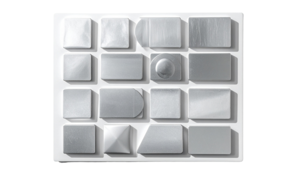 Geometric pattern of light gray metal plates and isolated white square buttons for a 3D web design concept template isolated on white background