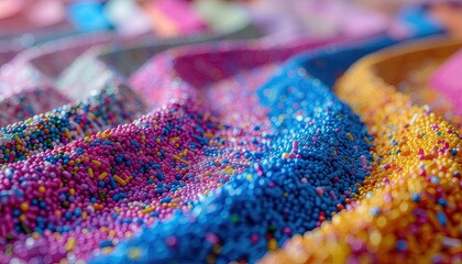 Macro view of colorful candy sprinkles in rows creating a vibrant abstract pattern with soft lighting and shallow depth of field