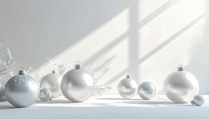 Premium clean Christmas card template with symmetrical silver and white ornaments, soft winter lighting, elegant minimal copy space