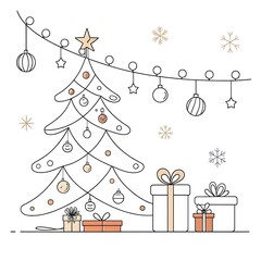 Whimsical hand drawn sketch of a decorated christmas tree with presents and twinkling lights