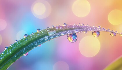 Close up Macro Shot of Dew Drops on a Green Grass Blade with Colorful Bokeh Background and Soft Light