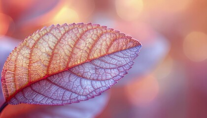 Close Up Macro Shot of a Single Red Leaf Covered in Dew Drops with Soft Golden Bokeh Background in Autumn