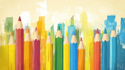 Colorful pencils arranged in rows against a backdrop of stylized city buildings and paint strokes