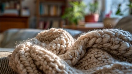 Cozy knitted blanket interior shot