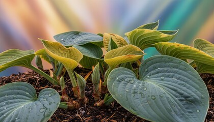 Lush Green Hosta Plant With Vibrant Yellow Edges and Water Droplets on Leaves with Soft Bokeh Background