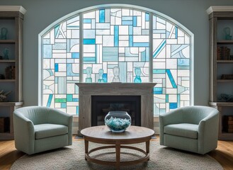 Cozy Living Room with Two Armchairs Coffee Table and Large Stained Glass Window with Geometric Patterns