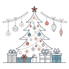 Whimsical hand drawn christmas tree decorated with ornaments and gifts below on white background