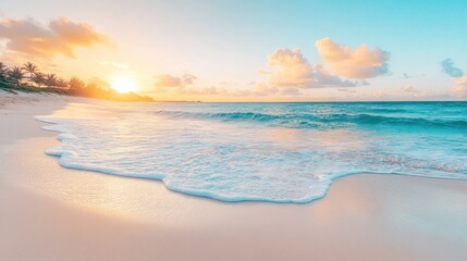 Obraz premium Golden sunset on a pristine beach. Soft waves caress the shore