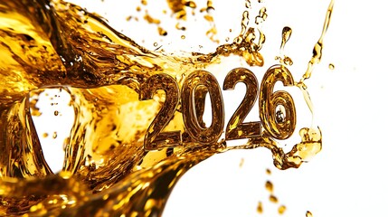 Golden 2026 New Year Date Numbers Floating Amidst Splashes and Droplets of Liquid