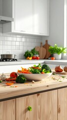 Fresh Vegetable Salad Displayed On Wooden Kitchen Countertop with White Cabinetry And Bright Natural Lighting