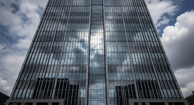 A modern skyscraper reflecting clouds in its glass facade on a partly cloudy day in the city
