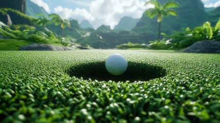 Golf ball in a hole on a lush tropical green
