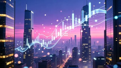 Futuristic city glowing with data charts in night sky, showing digital growth, business success, strong leadership - Powered by Adobe