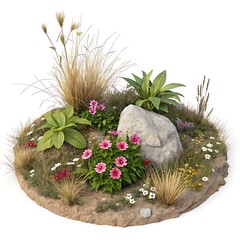 Miniature garden island with pink flowers green plants dry grasses and a large rock on white background