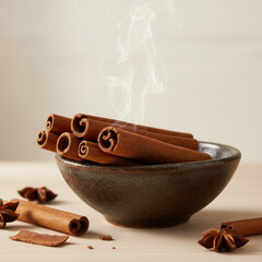 Warm Cinnamon Sticks in a Rustic Bowl with Star Anise and Gentle Steam Rising in Soft Light