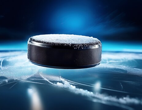 frozen hockey puck gliding above the icy surface with a cool blue background highlighting motion and dynamic energy in sports