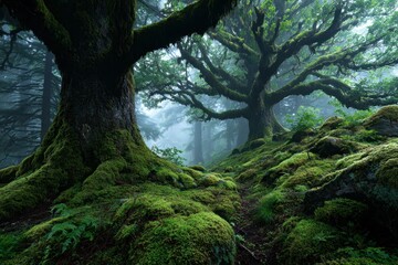 Obraz premium a mossy forest of old growth trees, mist in the air, moss covered ground