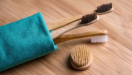 eco friendly bamboo toothbrush with teal cloth case
