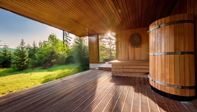 cozy outdoor wooden sauna barrel with a spacious veranda surrounded by greenery natural wood tones and relaxing atmosphere ideal for rejuvenation