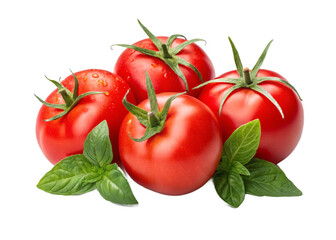 Bunch of fresh tomatoes with green leaves isolated on white background.
