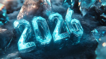 Icy Blue 2026 Year Digits on a Smoky Surface With Crystal Accents Around