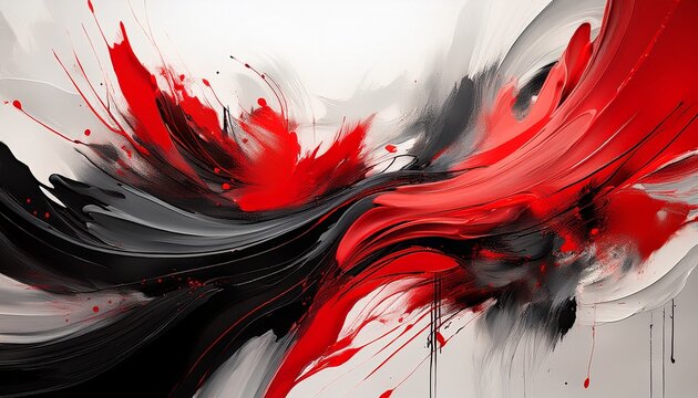 vibrant abstract artwork featuring dynamic black and red brush strokes on a crisp white background showcasing bold contrasts and textured layers - Powered by Adobe