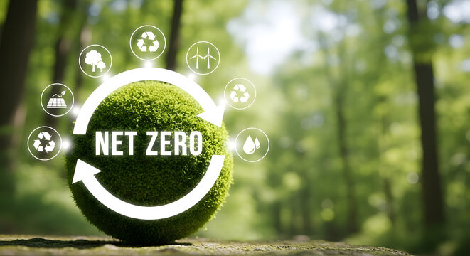 Net zero initiative sustainable globe in forest with environmental icons